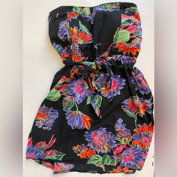 Chai floral printed strapless tie waist rouched back mini dress womens s Small - Picture 2 of 6